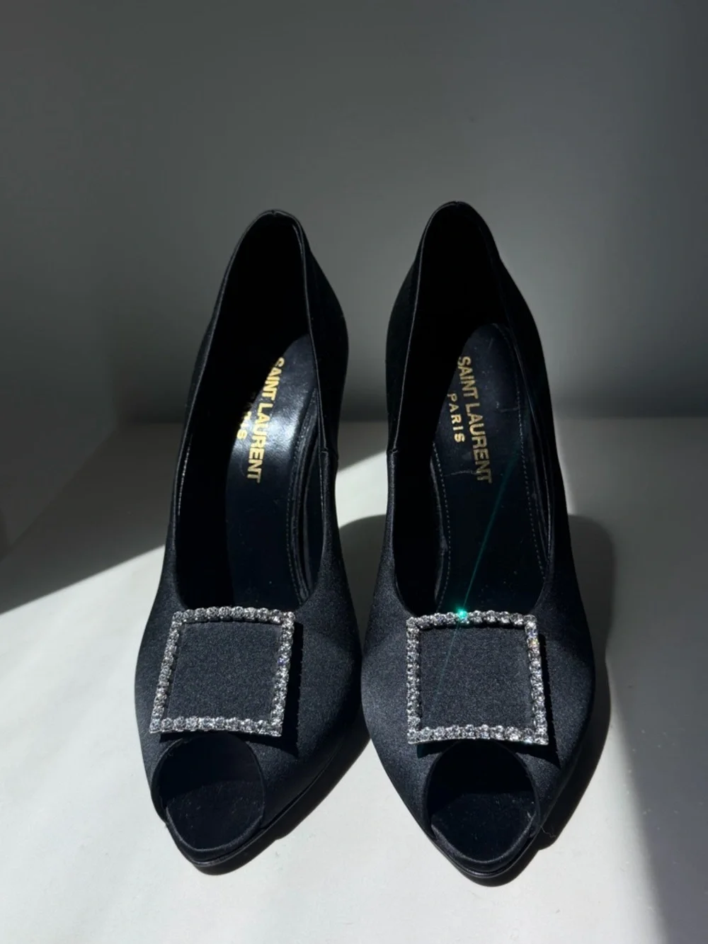 Saint Laurent Black Satin Peep-Toe Pumps with Crystal Buckle Accent - Picture 2 of 10